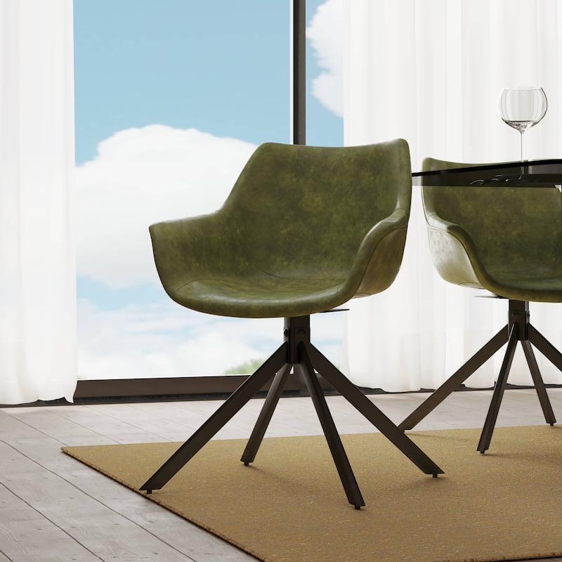 Markley Modern Swivel Dining Chair with Distressed Leather Upholstery, Ergonomic Back, and Black Metal Legs for Home or Office
