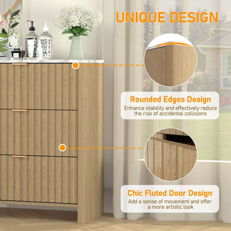 VEIKOUS 6-Drawer Dresser for Bedroom, Wooden Chest of Drawers with White Faux Marble Top