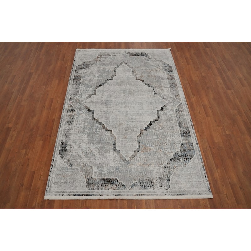 Machine Made Oriental Polyester Carpet Medallion Greys & Charcoal Distressed Area Rug - 7' 5'' X 5' 2''