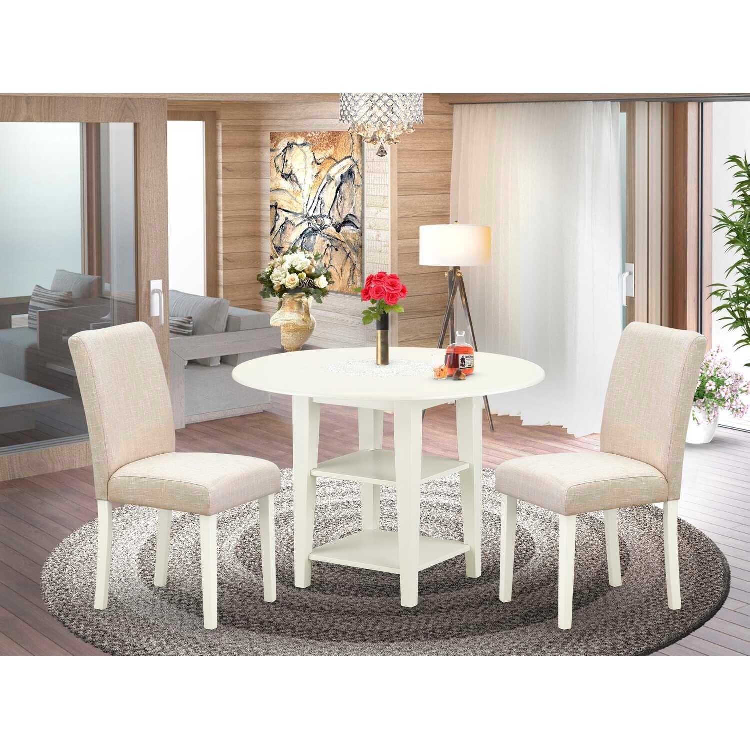 Round Dining Table Set 3pc 20/42 Inch Table w/ 2 Linen Chairs - Beige Fabric