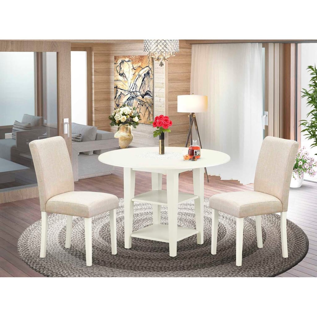 Round Dining Table Set 3pc 20/42 Inch Table w/ 2 Linen Chairs - Beige Fabric