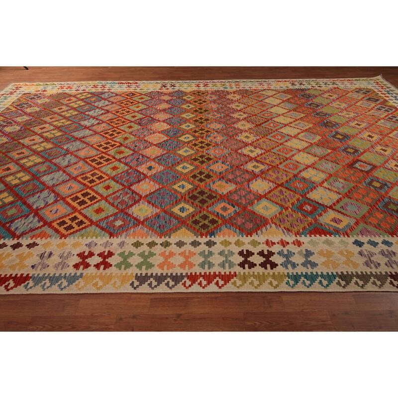 Trellis Geometric Kilim Oriental Large Rug Flatweave Wool Carpet - 10'4" x 16'0"