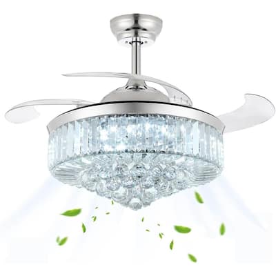 42" Fandelier Ceiling Fan with Light, Retractable Chandelier Fan LED Dimmable Crystal Ceiling Fan for Bedroom Living Room