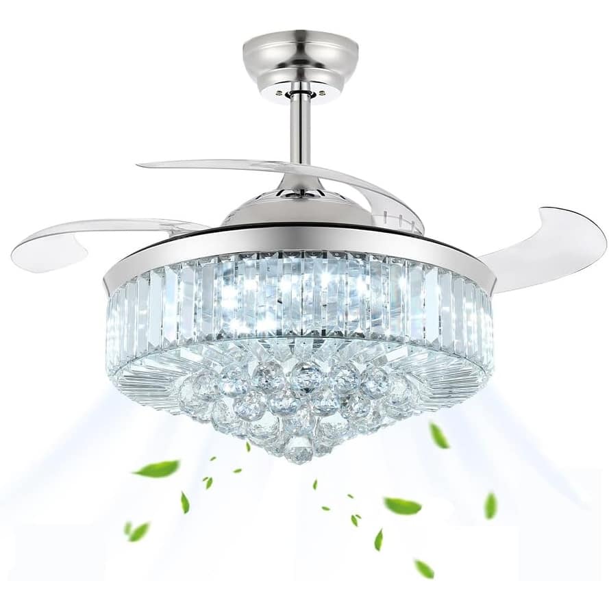 42" Fandelier Ceiling Fan with Light, Retractable Chandelier Fan LED Dimmable Crystal Ceiling Fan for Bedroom Living Room