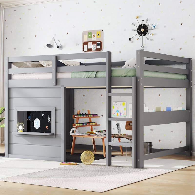 Full/Twin Loft Bed with Sliding Chalkboard, Bookshelf & Safety Rails