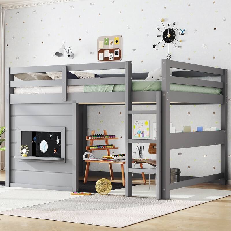 Kids Playful Loft Bed with Built-in Bookshelf and Sliding Chalkboard