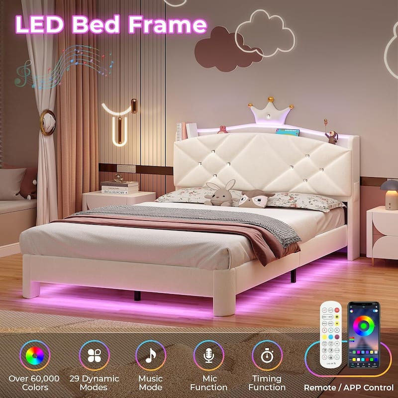 Princess Upholstered Bed with Headboard Charging Station Crystal Button Crown
