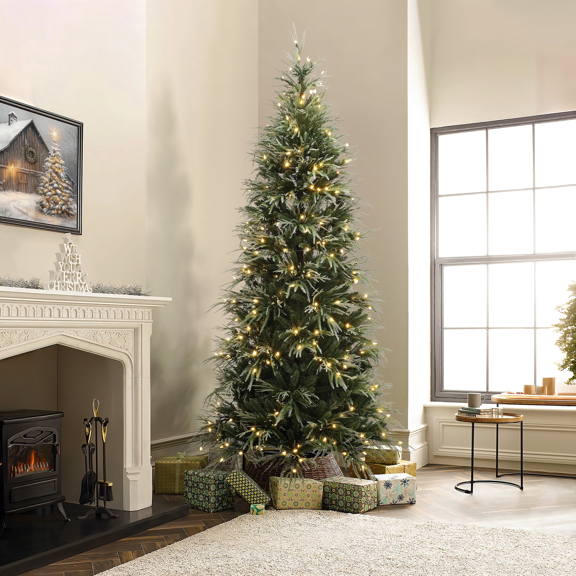 7.5Ft Pre-Lit Green and Flocked Slim Artificial Christmas Tree with Metal Stand - 90" H x 48" Diameter