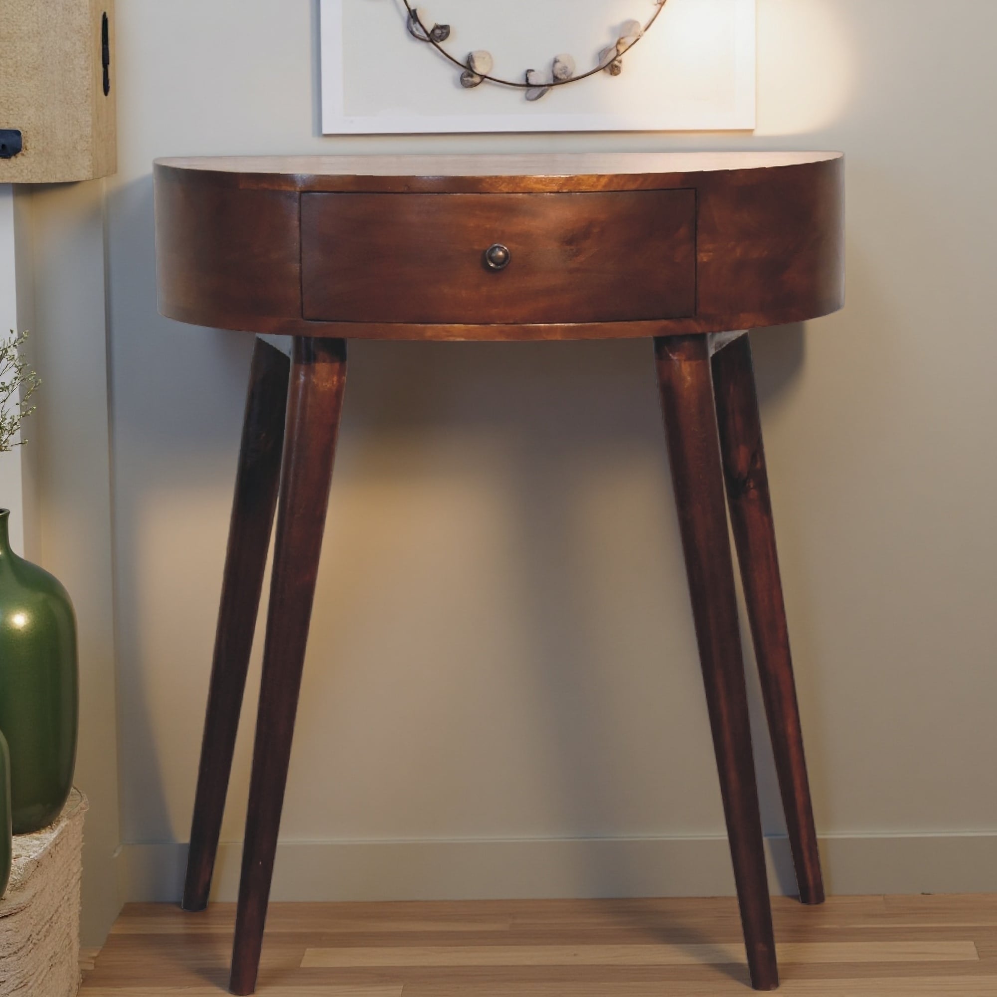 27.5" Solid Mango Wood Console Table with One Drawer and Smooth Circular Design