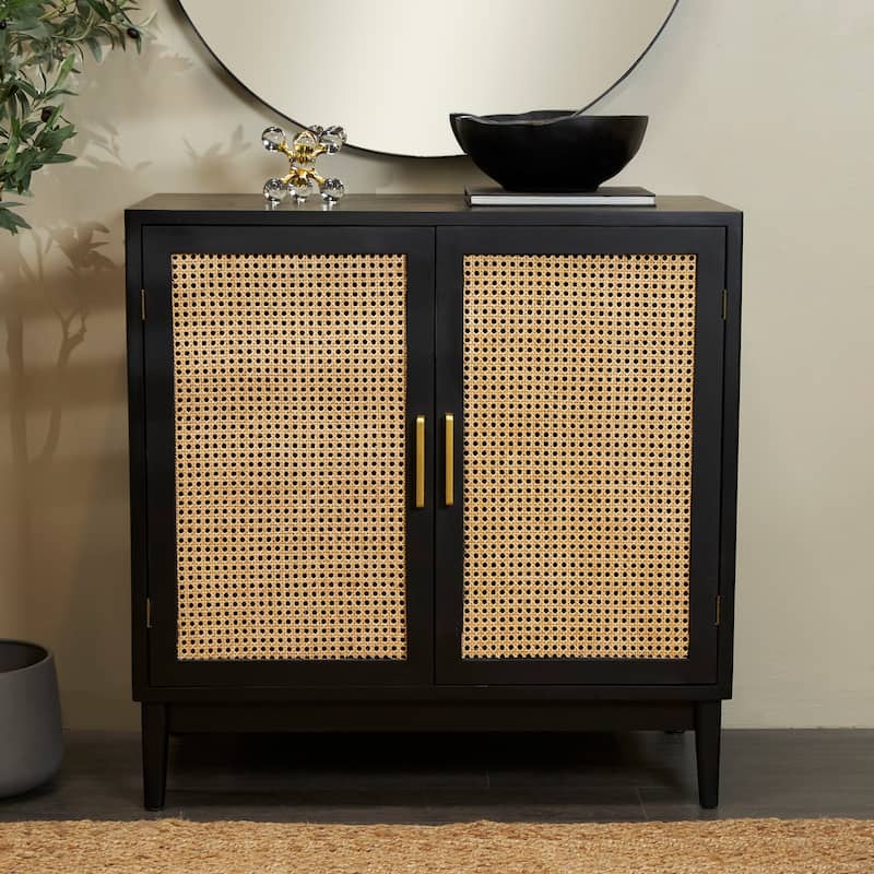 Wood 2 Door Cabinet with Beige Rattan Doors and Gold Handles - Light Brown or or Black - Roche River Decor