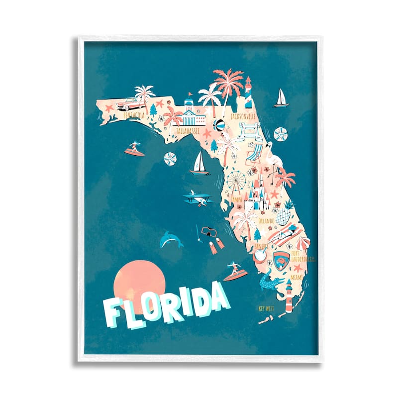 Stupell Florida Sunny State Retro Vacation Tourism Vivid Map Framed Wall Art, Design by Ziwei Li - Blue