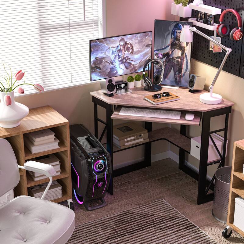 VECELO Triangular Corner Desk with Keyboard Tray Space Saving Metal Computer Desk for Home Office Study Bedroom