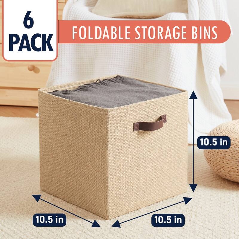 6 Pack Jute Fabric Storage Cube Bin with Faux Leather Handles