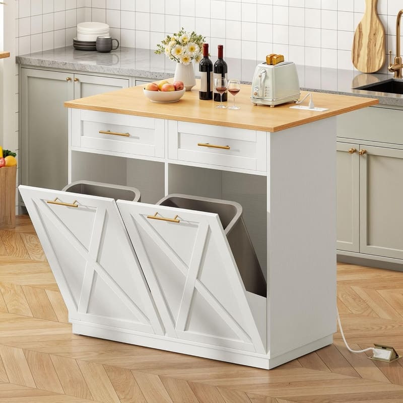 Moasis 39" Kitchen Island Kitchen Storage with Power Socket and Tilt Out Trash Bin Storage Cabinet - White