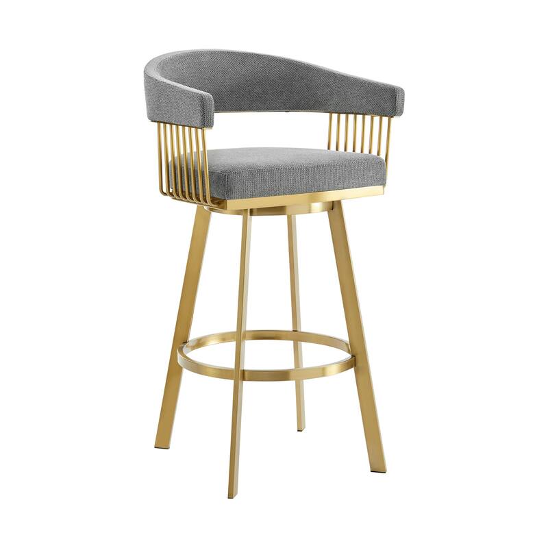 HomeRoots 26" Gray and Gold Fabric and Stainless Steel Low Back Counter Height Swivel Bar Chair