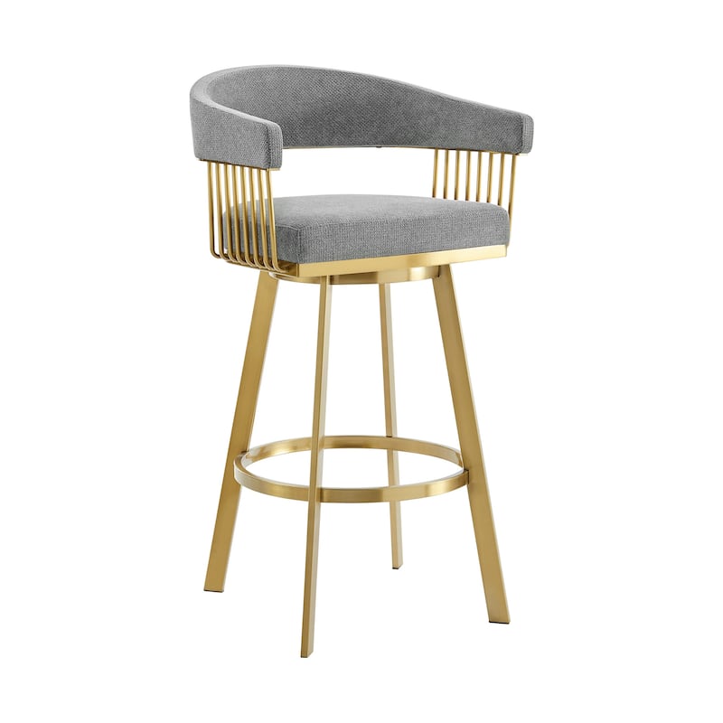 HomeRoots 30" Gray and Gold Fabric and Stainless Steel Low Back Bar Height Swivel Bar Chair