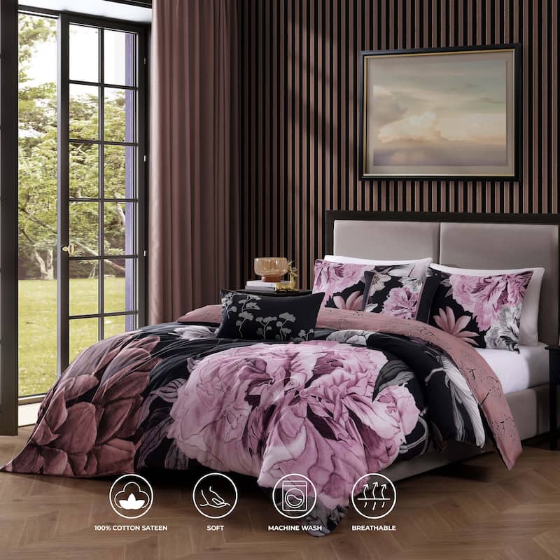 Bebejan Midnight Meadow 100% Cotton Sateen 5 Piece Reversible Comforter Set