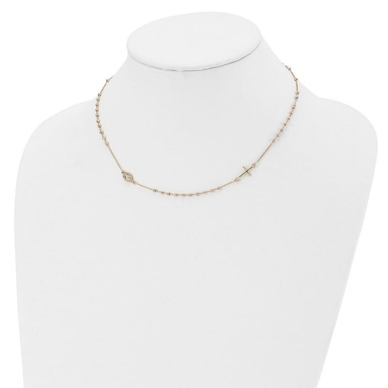Curata 14k Tri-color Gold Sideways Cross Beaded Rosary Style Necklace, 18"