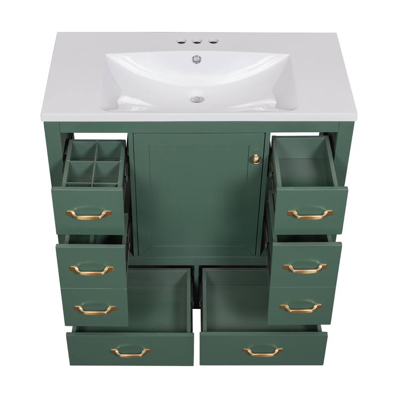 Bathroom Vanity with Ceramic Sink, Vanity Set with 6 Drawers and Soft Closing Door, Bathroom Cabinet with Adjustable Shelf