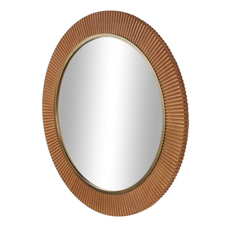 Brown Wood Fluted Room Wall Mirror with Scalloped Edge