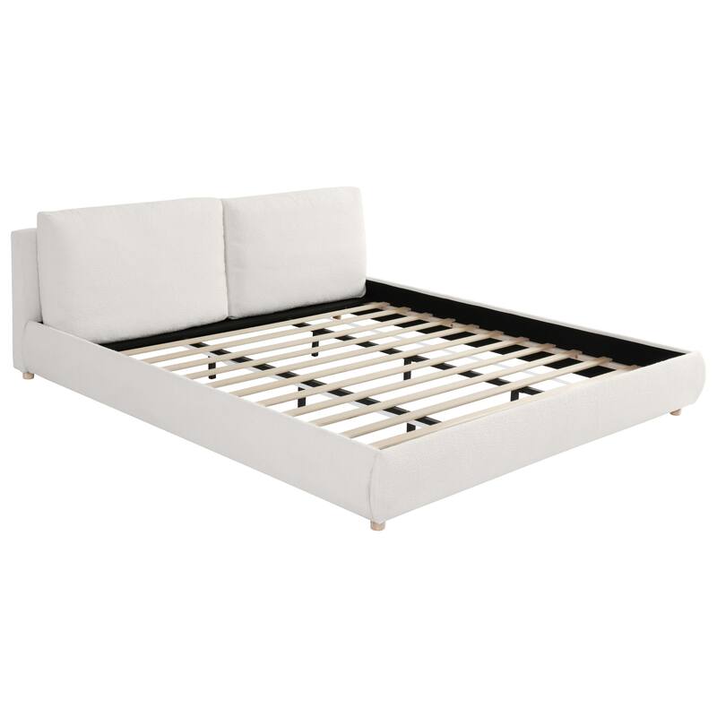 King Size Upholstered Platform Bed with Removable Pillow Headboard, Boucle Fabric, White