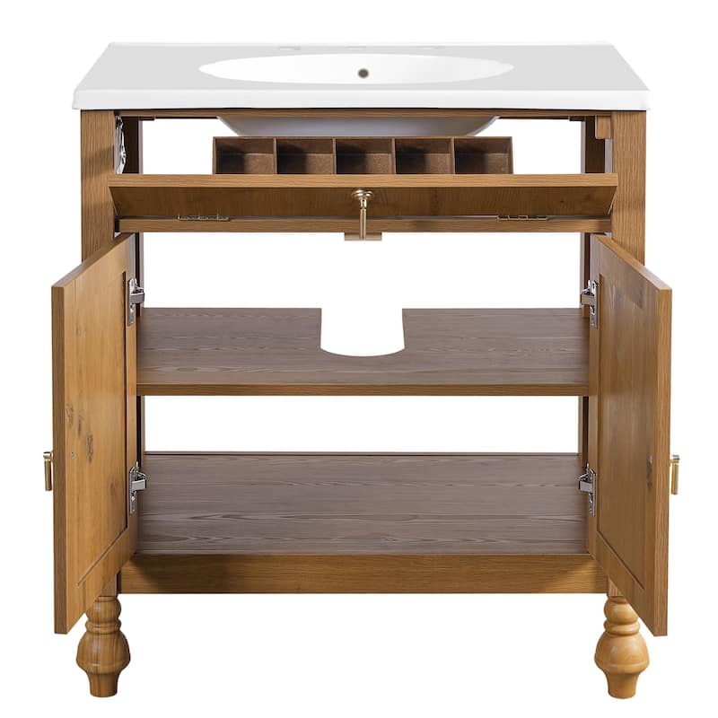 30" Flip-Up Storage Walnut Bathroom Vanity with Seashell Resin Sink