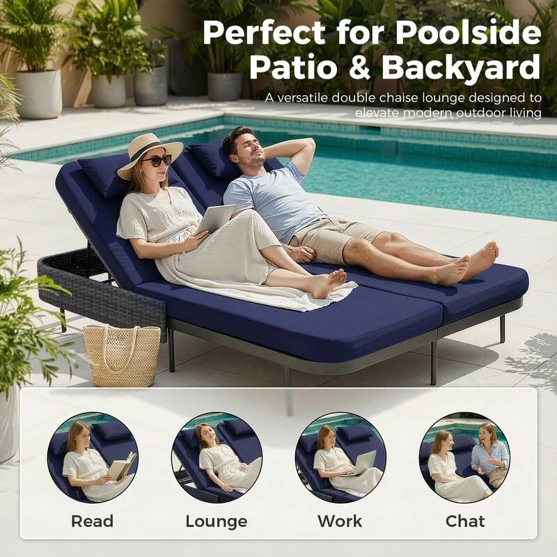 2-Person Outdoor Double Chaise Lounge, Wicker Patio Reclining Daybed with 6-Position Backrests, 4" Cushions, 800 lb Capacity