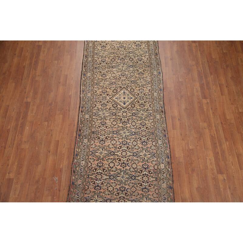 Hand Knotted Oriental 100% Wool Carpet Traditional Geometric Peach Hamedan Runner Rug - 11' 3'' X 3' 6''