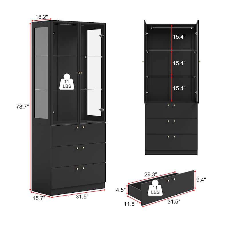 LED Glass Display Cabinet with Aluminum Alloy Frame Glass Door Showcase Wine Storage Cabinet