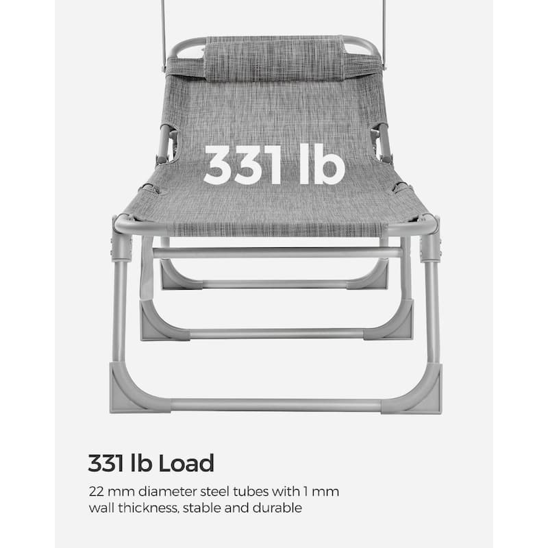 Steel Folding Sun Lounger with Adjustable Recline, Detachable Headrest and Sunshade - 76"D x 20.9"W x 11.4"H