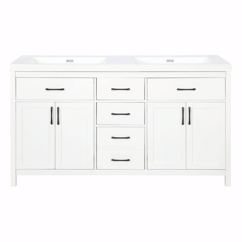 59.3" Modern Double Sink Bathroom Vanity with SMC Sinks, Solid Wood Frame, Soft-Close Doors & Drawers, Adjustable U-Shaped Shelf