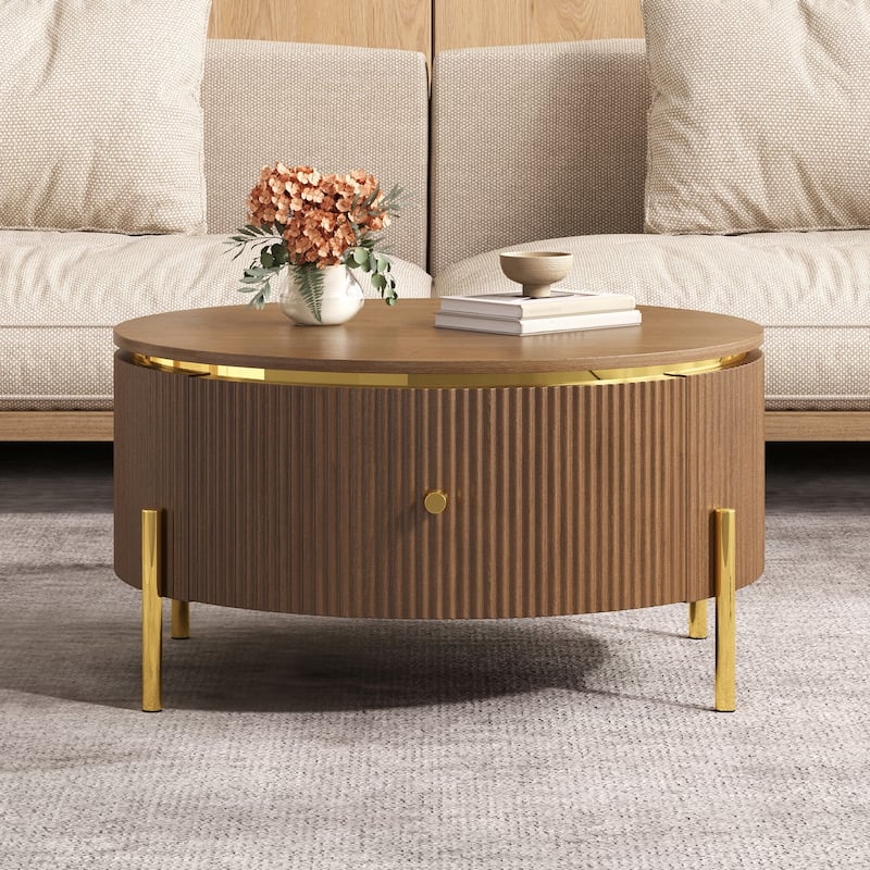 Modern Round Coffee Table with 2 large Drawers Storage Accent Table, Brown, 31.5" - Brown