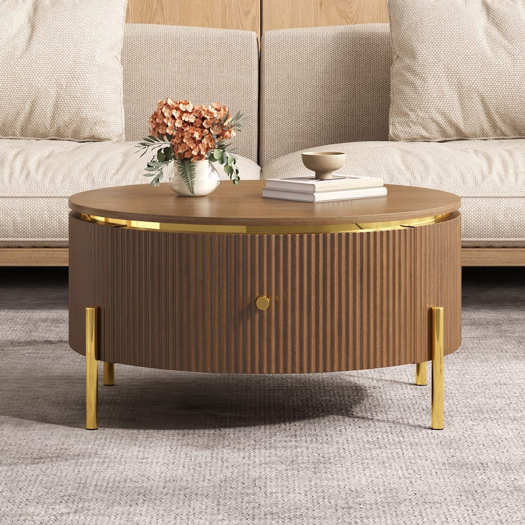 Modern Round Coffee Table with 2 large Drawers Storage Accent Table, Brown, 31.5"