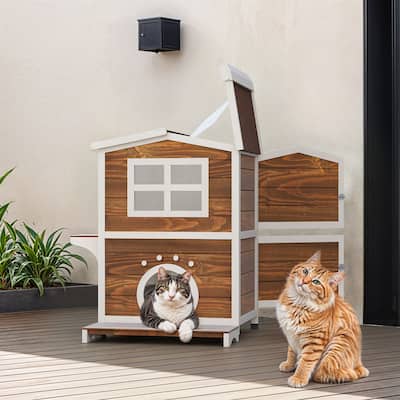 Moasis Two Story Outdoor Cat House Wooden Cat Shelter