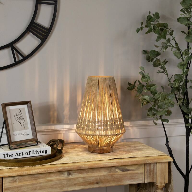 Iron & Jute Table Lamp With Wooden Base - 14.75" - Beige - 14.75