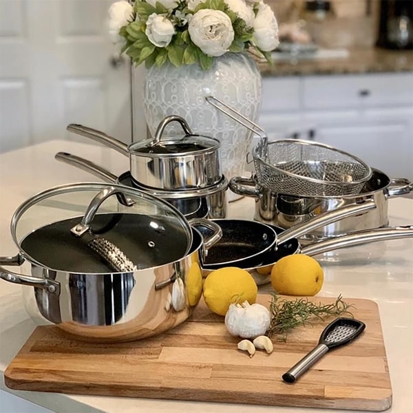 Kitchen Academy 10-Piece Polished Coating Aluminium Cookware Set Heat Quickly and Evenly, Silver. Opens flyout.