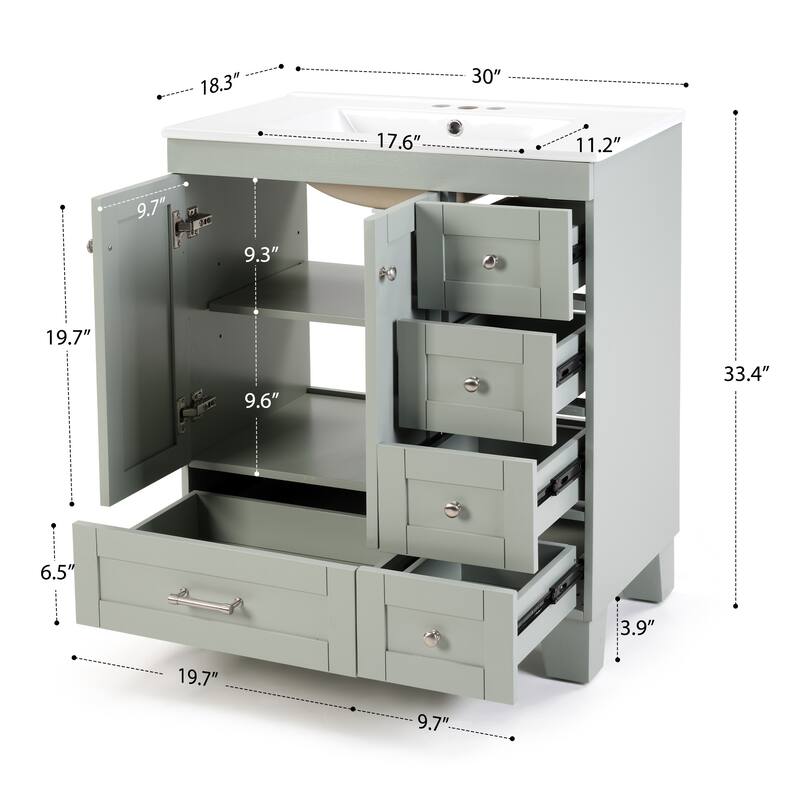 30" Blue Grey Bathroom Vanity with Ceramic Sink - Soft-Close Drawers, Solid Wood Frame, Multi-Organizer Storage