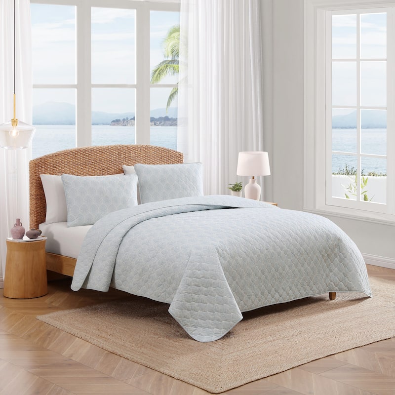 Tommy Bahama Line Palms Cotton Reversible Blue Quilt Set