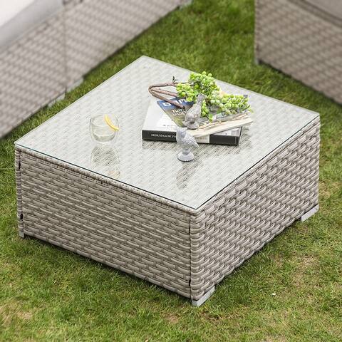 COSIEST Outdoor Furniture Wicker Glass-Top Coffee Table