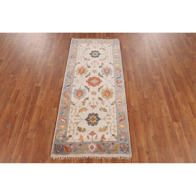 All-Over Floral Ivory Oushak Indian Foyer Rug Hand-Knotted Wool Carpet - 2'6"x 5'9"