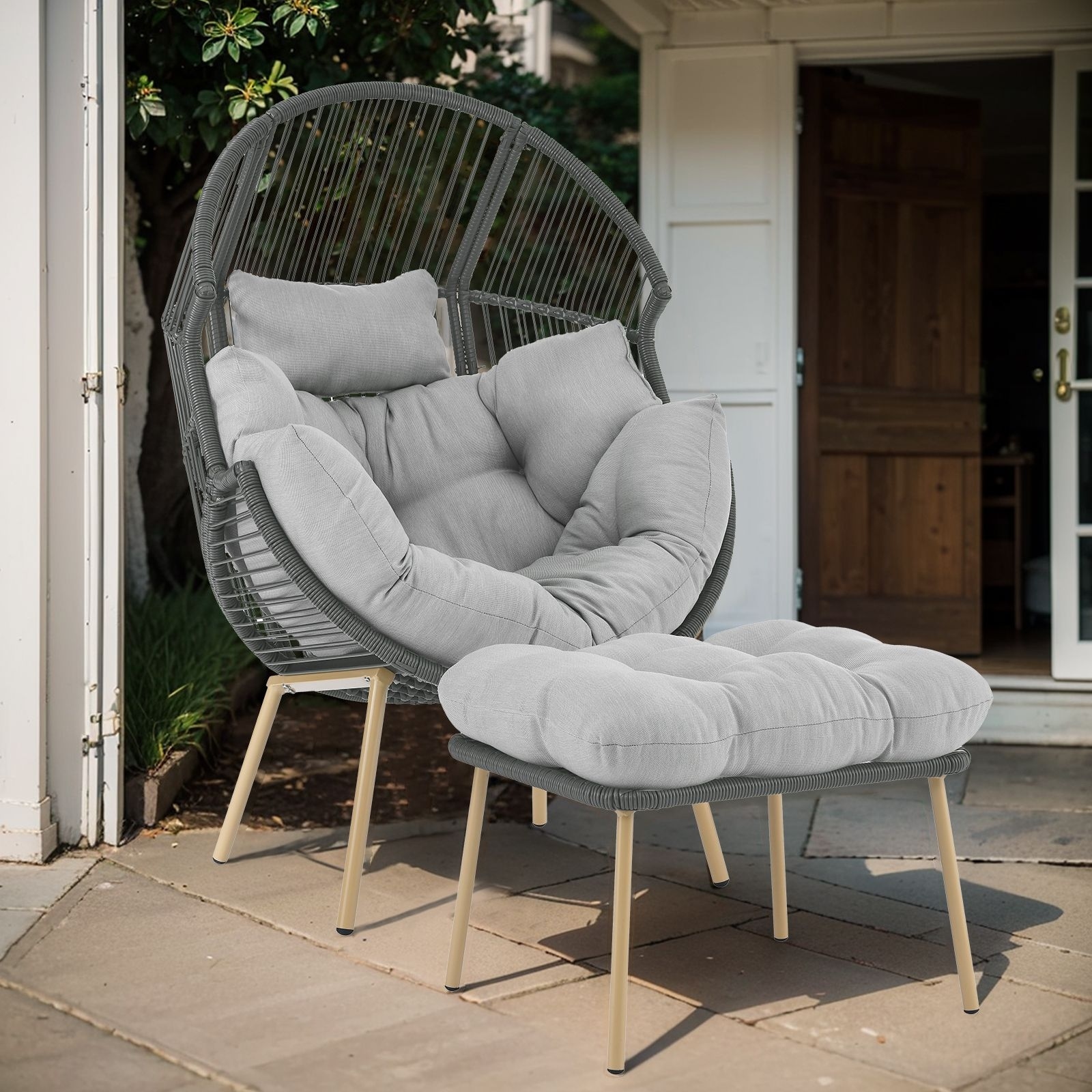 Outdoor Wicker Egg Chair with Ottoman Light Grey Cushion Dark