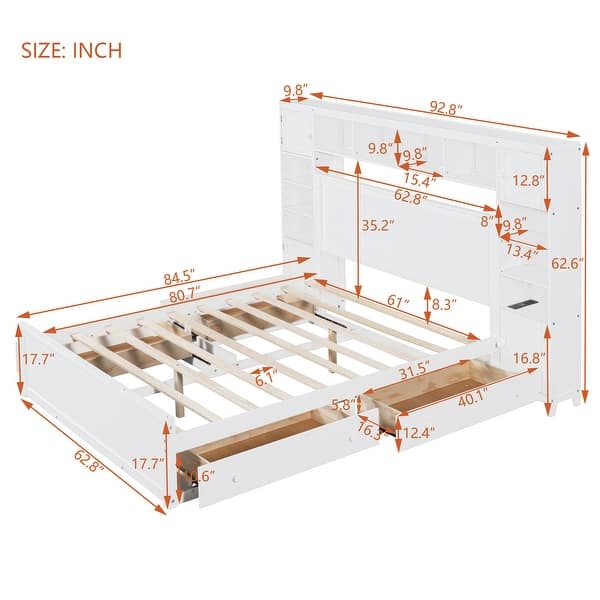 dimension image slide 1 of 3, Queen Size Wooden Bed w/ All-in-One Storage Cabinet, Sockets & 4 Drawers