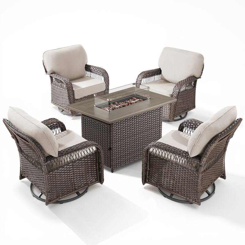 Pocassy Patio Sofa Ottoman Swivel Chair Table with Fire Table Set.