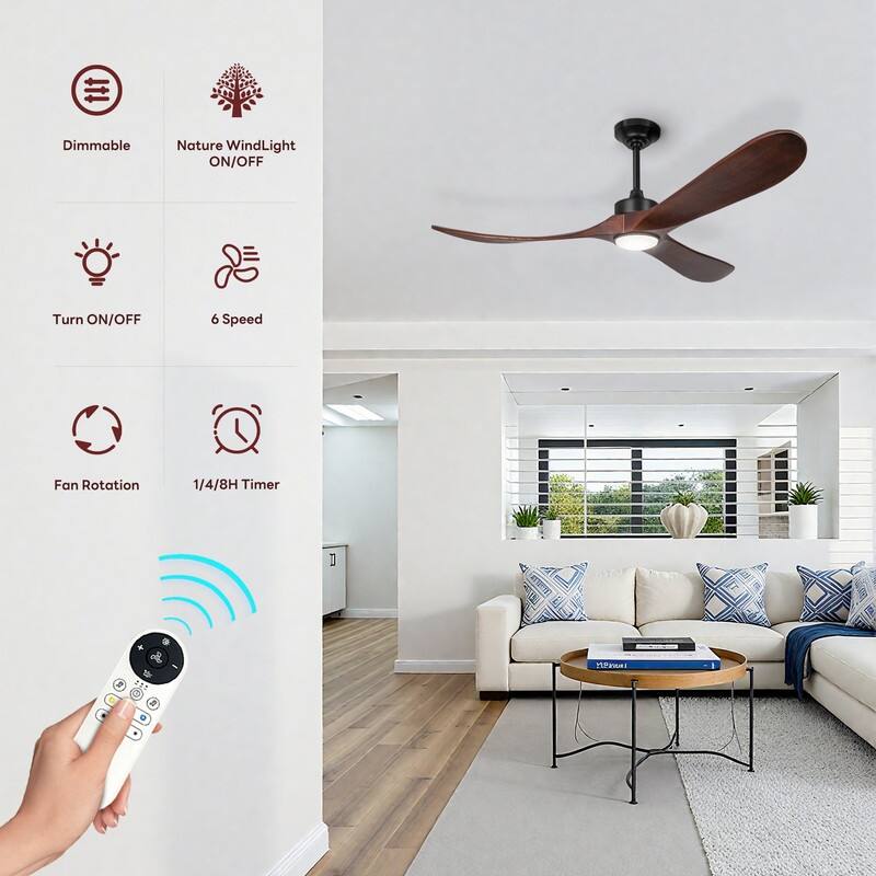 Indoor/Outdoor Ceiling Fan with Remote Control, 3-Blades Solid Wood Ceiling Fan for Bedroom Living Room