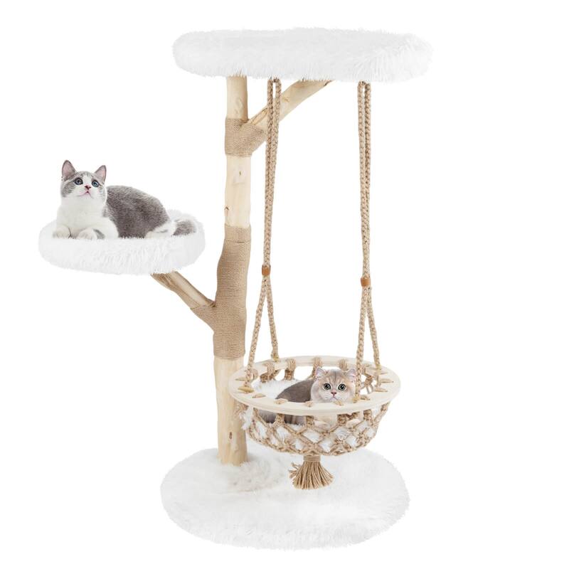 Costway 48.5” Solid Wood Cat Tree with Hanging Cradle Jute Scratching - as pic shows - See Details - as pic shows - See Details