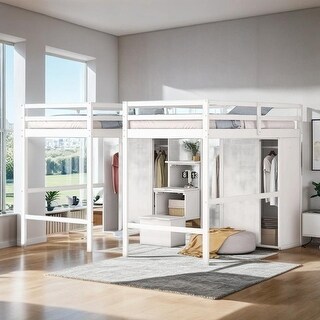 Elegant Double Twin Loft Beds with Wardrobes and Staircase, White