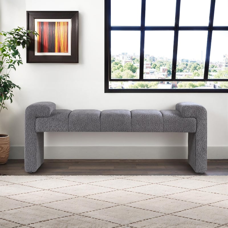 54" Boucle Bedroom Bench with Channel Tufted Modern Entryway Bench Window Bench End of Bed Bench - Curved Arm - Grey