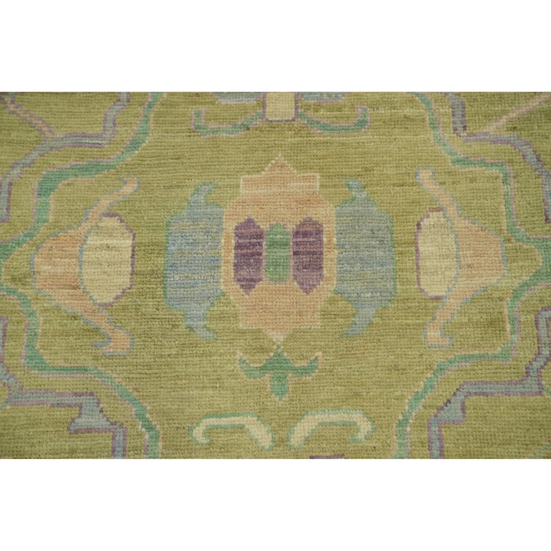 Vegetable Dye Green Oushak Turkish Area Rug, Floral Geometric Carpet - 12' 1'' X 9' 0''