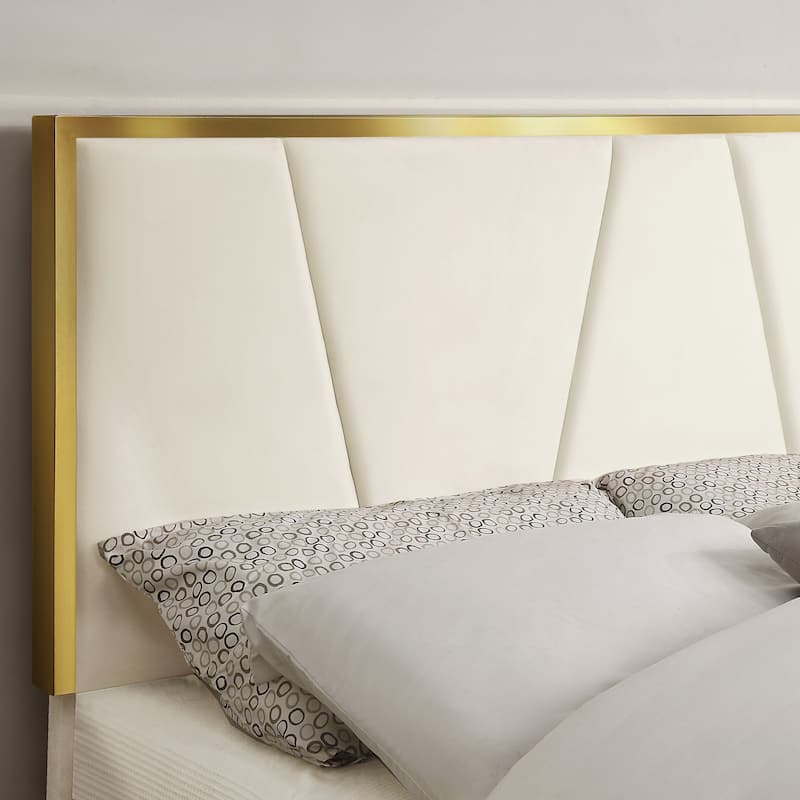 DH BASIC Glam Beige Fully Upholstered Platform Bed with Gold-tone Accents by Denhour