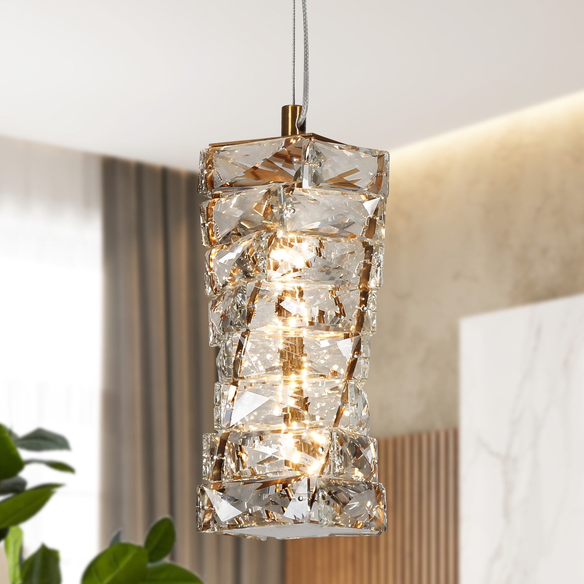Modern Glam 1 Light Gold LED Crystal Pendant Lights Irregular Cylinder Kitchen Island Lights for Dining Room